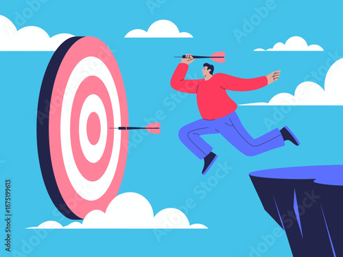 A vibrant illustration of a man leaping toward a target, symbolizing ambition and determination, showcasing the pursuit of goals and overcoming obstacles in life.