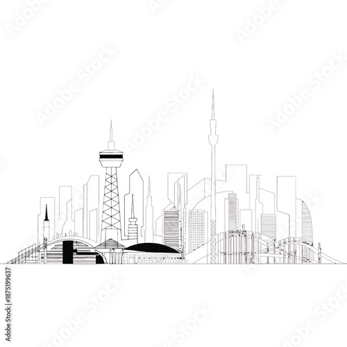 city skyline with tall buildings and tower