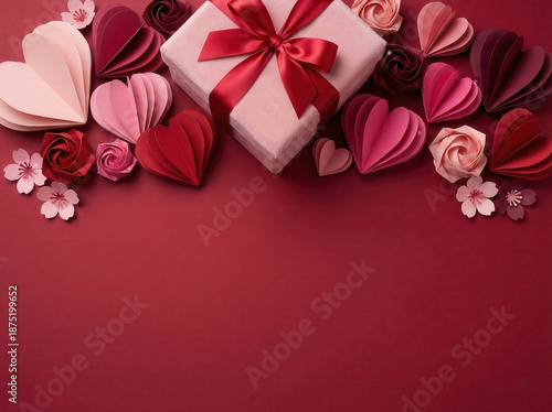 Valentine's Day background with pink gift box and handcrafted paper origami hearts and roses on red background