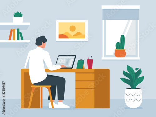A focused individual working at a desk in a cozy home office setting, illustrating productivity, comfort, and the modern shift towards remote work and work-life balance.