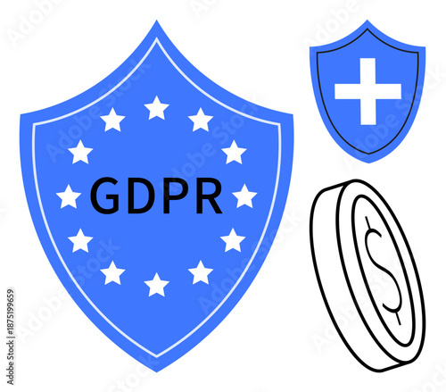 Data protection, security, GDPR compliance, financial transactions, healthcare, privacy. Blue shield with stars and GDPR label plus coin and health shield icon. Data protection and security concept