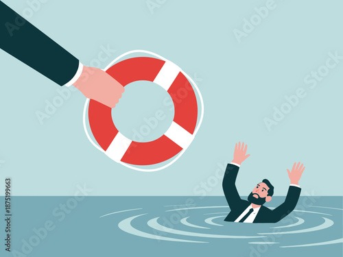 A distressed businessman in a suit reaching out for help as a hand offers a lifesaver, depicting the themes of rescue, support, and the importance of seeking assistance in hard times.