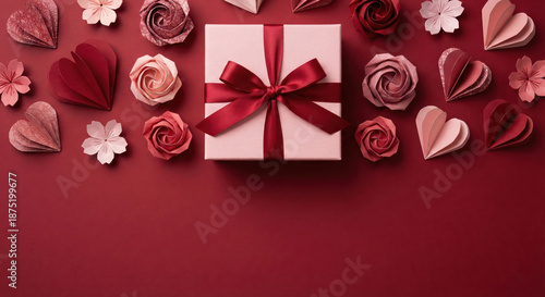 Valentine's Day background with pink gift box and handcrafted paper origami hearts and roses on red background