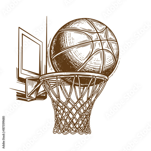 Drawing Vintage basketball going through hoop with backboard  sports equipment and athletic game