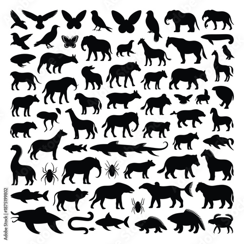 a large collection of animal silhouettes on white background
