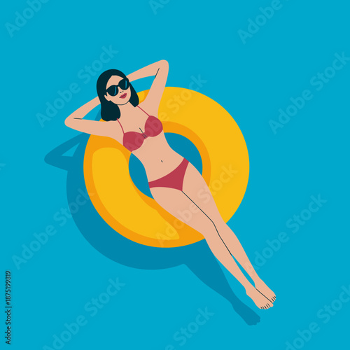 A relaxed young woman enjoys leisure time lying in a pool float with sunglasses, soaking in the sun. This image encapsulates summer bliss and carefree living.