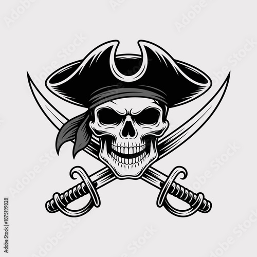 This striking graphic design features a pirate skull boldly adorned with a pirate hat, with crossed swords beneath it symbolizing adventure and the thrilling pirate lifestyle.