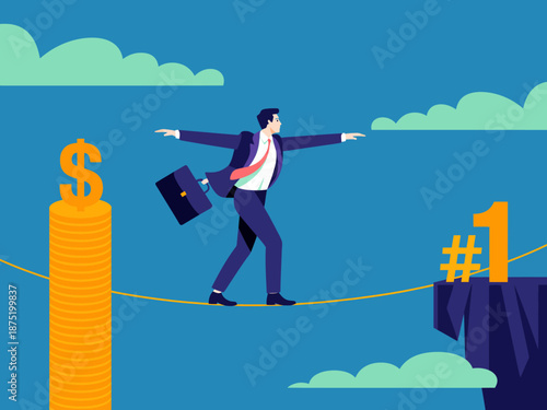 A businessman carefully balancing on a tightrope above a stack of coins, symbolizing risk, ambition, and the precarious nature of achieving success in business.