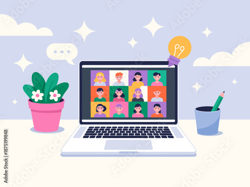 A laptop displaying a colorful grid of faces in a virtual meeting setup, emphasizing connectivity, collaboration, and the modern approach to remote communication.