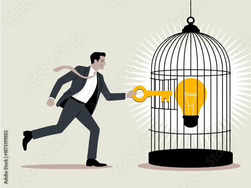 A man in a suit is seen running with a giant key, aiming to unlock a birdcage containing a glowing light bulb, symbolizing the unlocking of creativity and ideas.