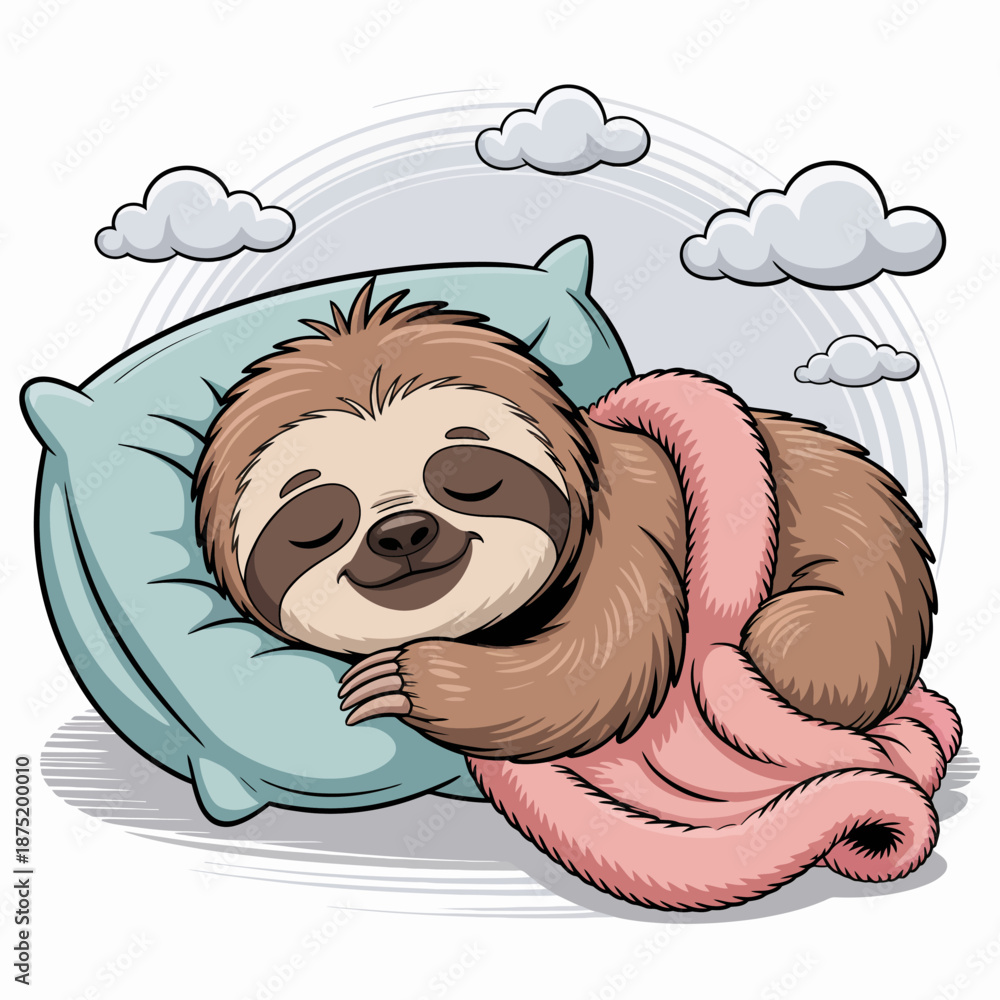 Fototapeta premium A charming cartoon illustration of a sleepy sloth curled up on a pillow wrapped in a warm blanket, radiating cuteness and comfort with a cozy, cheerful atmosphere.