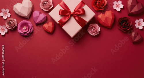 Romantic Valentine's Day composition with gift box, paper craft hearts and roses on red background