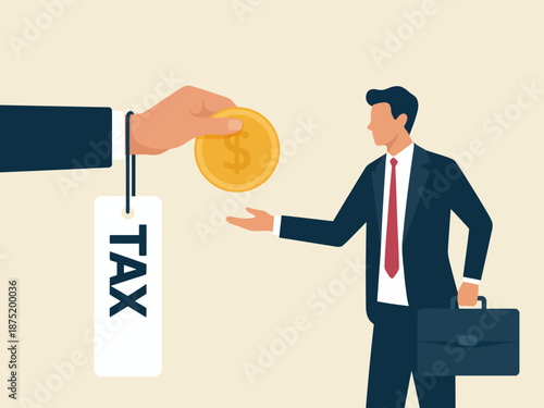An illustration depicting a businessman receiving a tax payment represented by a coin, showcasing the financial responsibilities faced in the business world.