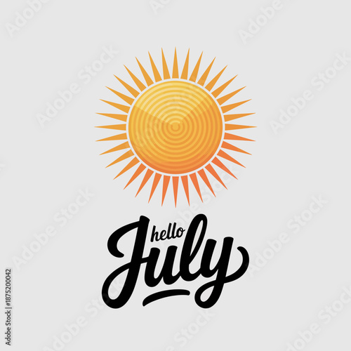 A vibrant sun symbol for July, featuring bright colors and handwritten text design, radiating warmth and positivity associated with the summer month.