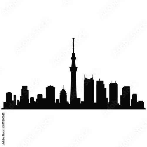 black silhouette of a city skyline with tall buildings and tower