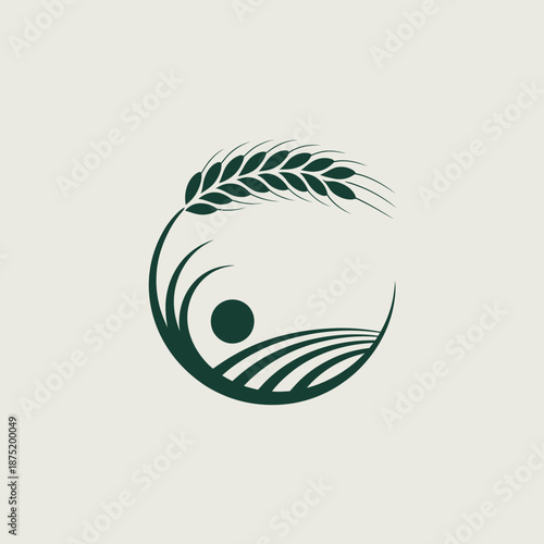 A circular logo symbolizing sustainability in agriculture, featuring a wheat spike and a person with raised hands, emphasizing harmony between nature and farming practices.