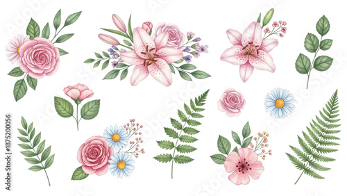 Flowers and leaves set, floral watercolor illustration for greeting card, invitation and other printing design. Isolated on white. Hand drawing.