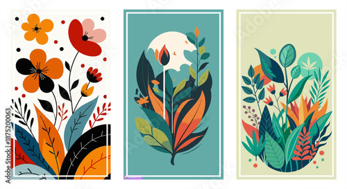 Set of three modern botanical posters featuring stylized flowers and lush foliage in a vibrant color palette. Artistic vector illustrations perfect for contemporary home decor and art.