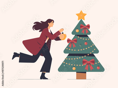 A cheerful woman decorates a Christmas tree, radiating joy and excitement, making it ideal for holiday-themed content and celebrations.