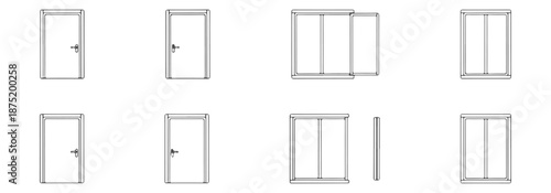 Professional Architectural Doors and Windows CAD Symbols - Technical Top View and Elevation Details for Construction Planning
