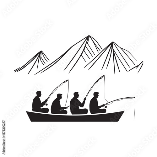 Four Fishermen in a Rowboat on a Calm Lake with Mountain Backdrop.