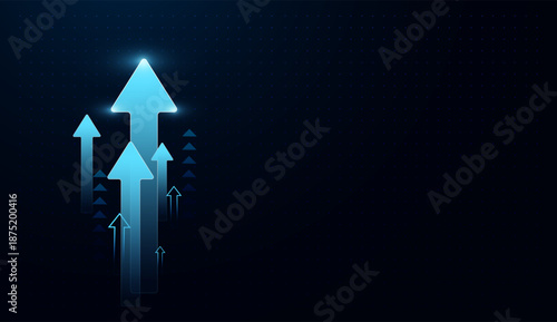 Stacked upward blue arrows emit light, illustrating rapid progress toward future success. Glowing arrow cluster in blue tones visualizes chart-based growth and market innovation