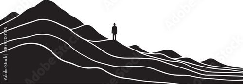 A person standing alone on a mountain peak landscape