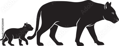 Mother Panther and Cub Walking Together in Silhouette Style