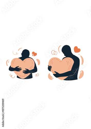 Sensory Tactile Silhouette, Person Hugging Large Puffy Heart, Emotional Wellness and Mental Health Support, Soft Connection Concept Vector Graphic