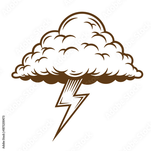 Drawing Vintage brown cartoon storm cloud with lightning bolt coming out  weather icon