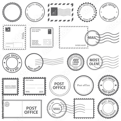 Collection of various vintage post office and mail stamps and icons