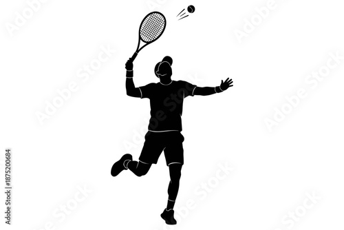Silhouette of a male tennis player in action, hitting a tennis ball with a racket, during a match on a white background
