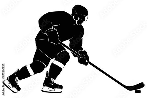 Dynamic silhouette illustration of an ice hockey player stickhandling the puck. Capturing the essence of competitive winter sports, highlighting speed, skill, and athletic power