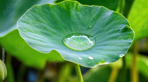 hasty. A single water droplet resting on a green lotus leaf, morning dew, macro detail. gardening catalogs, home-decor guides, designed for gardening and botanical catalogs, promotes healthy living.