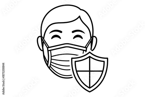 Illustration of a person wearing a protective face mask and a shield representing protection and safety