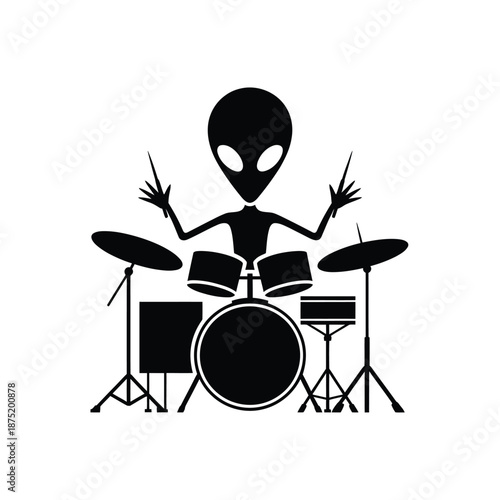 Alien playing drums with enthusiastic expression and hands up