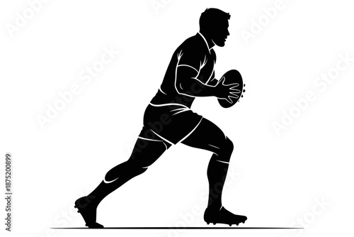 Silhouette of a rugby player running with the ball, ready to score a try in a dynamic sports illustration