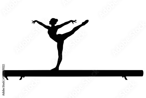 Silhouette of a female gymnast performing a graceful pose on a balance beam, captured in stark black and white, highlighting athletic prowess and dedication