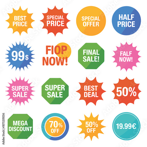 Collection of colorful sale and discount stickers on white background