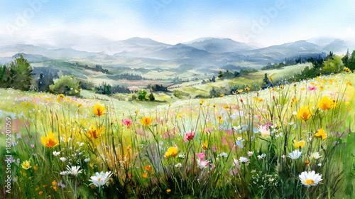 Joyful and Vibrant Watercolour Scene of a Blooming Meadow in