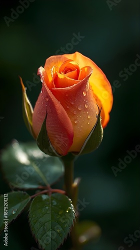 Orange and Yellow Rosebud with Water Droplets, Nature Macro Floral Stock Photo