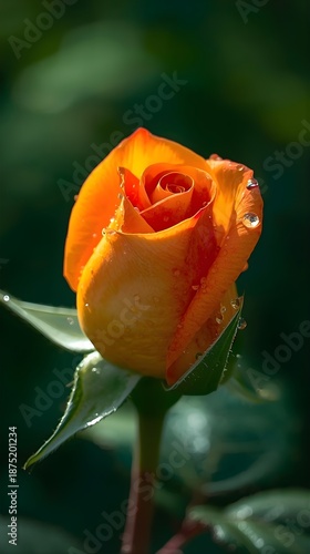 Orange and Yellow Rosebud with Water Droplets, Nature Macro Floral Stock Photo