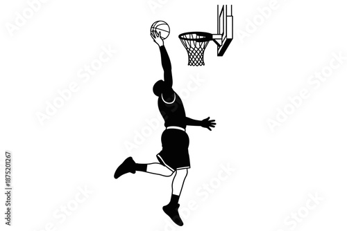Silhouette of a basketball player in mid-air, performing a slam dunk into a hoop, showcasing athleticism and the thrill of the game