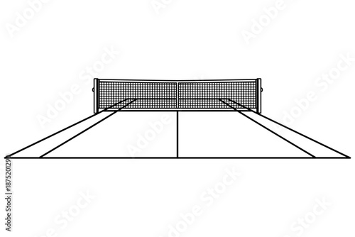 A minimalist, black and white illustration of a tennis net and court, viewed from above, with clean lines and geometric shapes