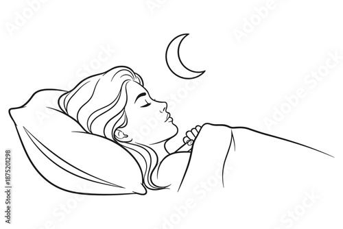 Peaceful Night's Sleep A serene illustration depicting a woman resting comfortably in bed under a crescent moon, symbolizing tranquility and sweet dreams