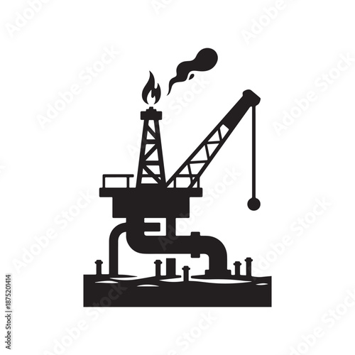 Industrial Offshore Oil Rig Platform Silhouette With Crane And Gas Flare Flame.