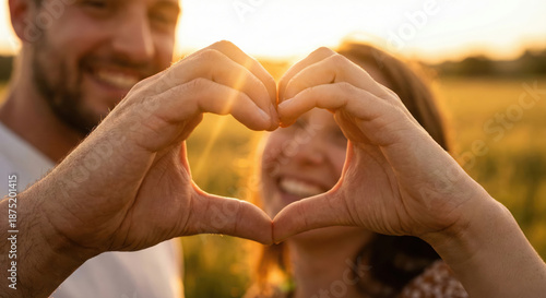 Close Up of Couple Hands Forming Heart Shape against Sun Flare Background