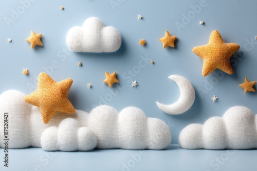 Soft 3D clouds with moon and stars blue background for baby shower and nursery design. Cute dreamy scene for newborn invitation, kids poster and children decor.