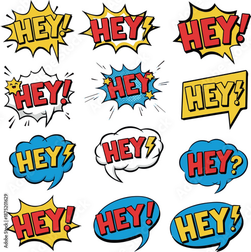 Create kinds of Different hey comic word with Carton symbol on without Background