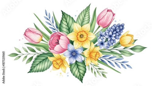 Flowers and leaves digital illustration, spring design, watercolor hand painting. Perfectly for printing, sublimation.